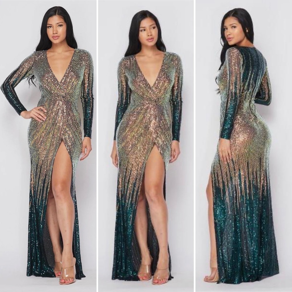 Banjul Ombre Sequin Bodysuit slit Gown Emerald Gold Long Sleeve Maxi Dress S